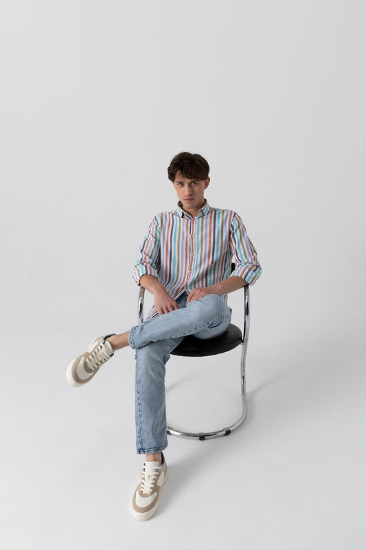 Camicia in fantasia di Lino Cotone con collo clip down