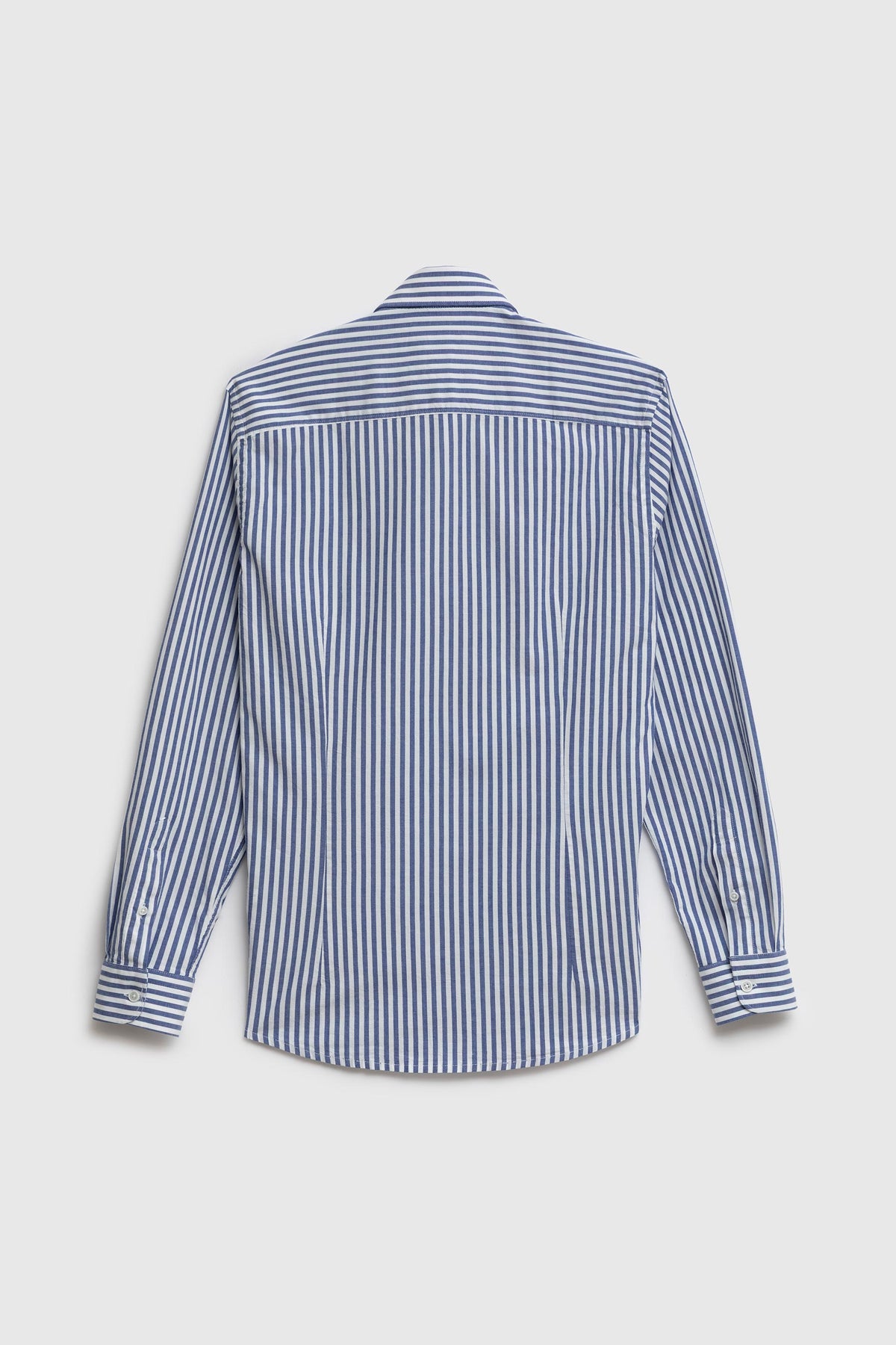 Camicia in fantasia di popeline stretch riga media blue con collo piccolo classico