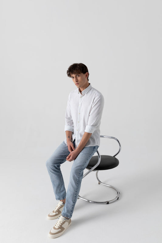 Camicia in Lino Viscosa Tinto Capo con Collo Clip Down