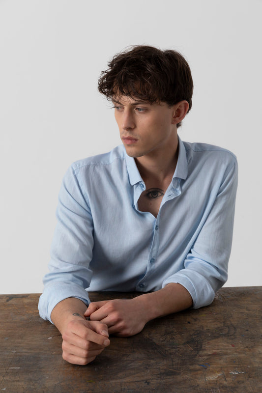 Camicia in Lino Viscosa Tinto Capo con Collo Clip Down