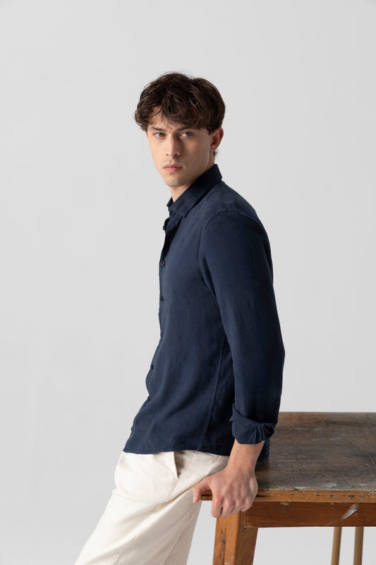 Camicia in Lino Viscosa Tinto Capo con Collo Clip Down