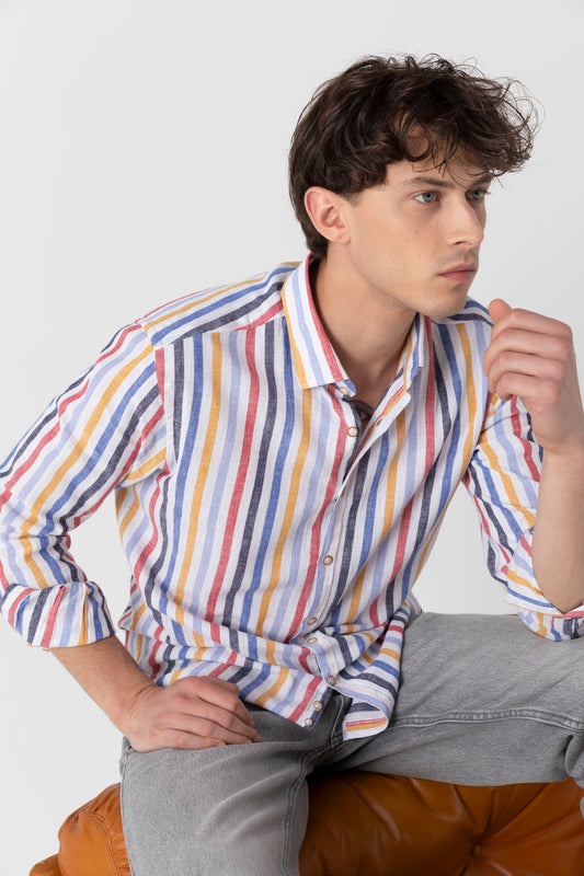 Camicia in fantasia di Lino Cotone con collo clip down
