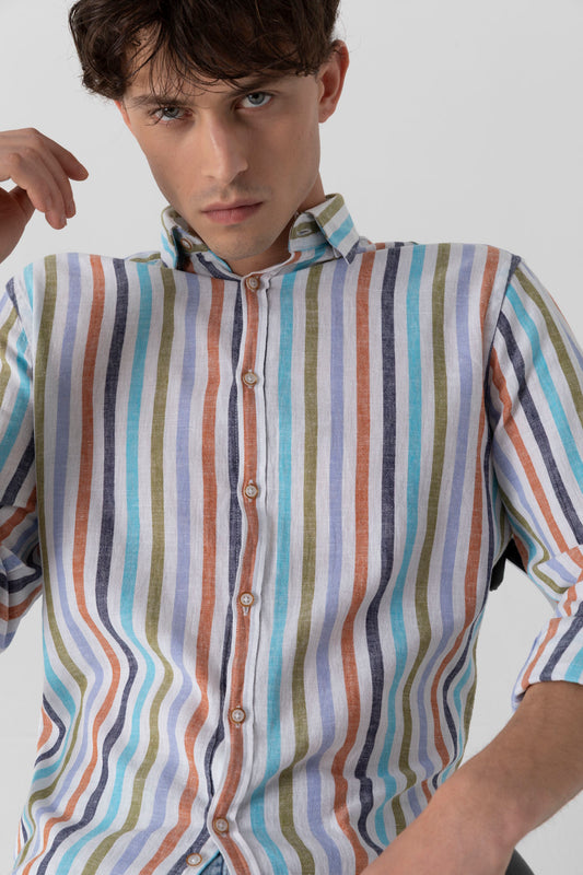 Camicia in fantasia di Lino Cotone con collo clip down