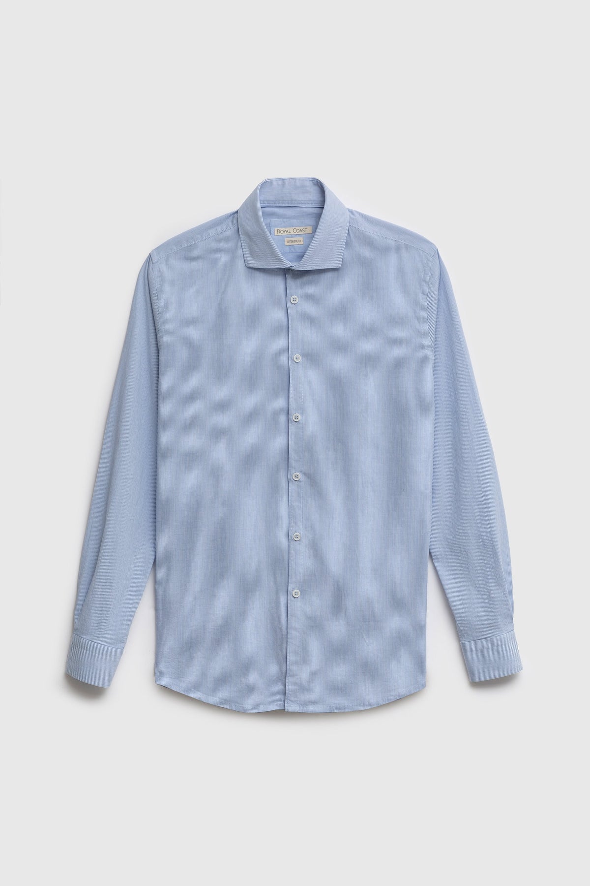 Camicia in fantasia di popeline stretch con collo piccolo classico in micro riga azzurra