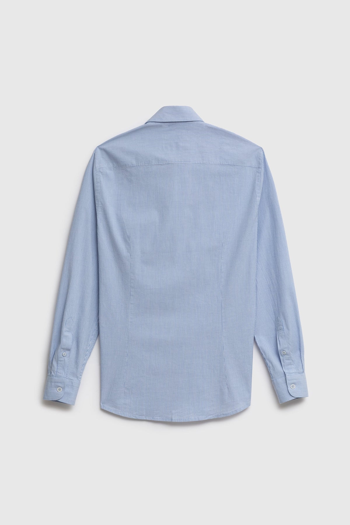 Camicia in fantasia di popeline stretch con collo piccolo classico in micro riga azzurra