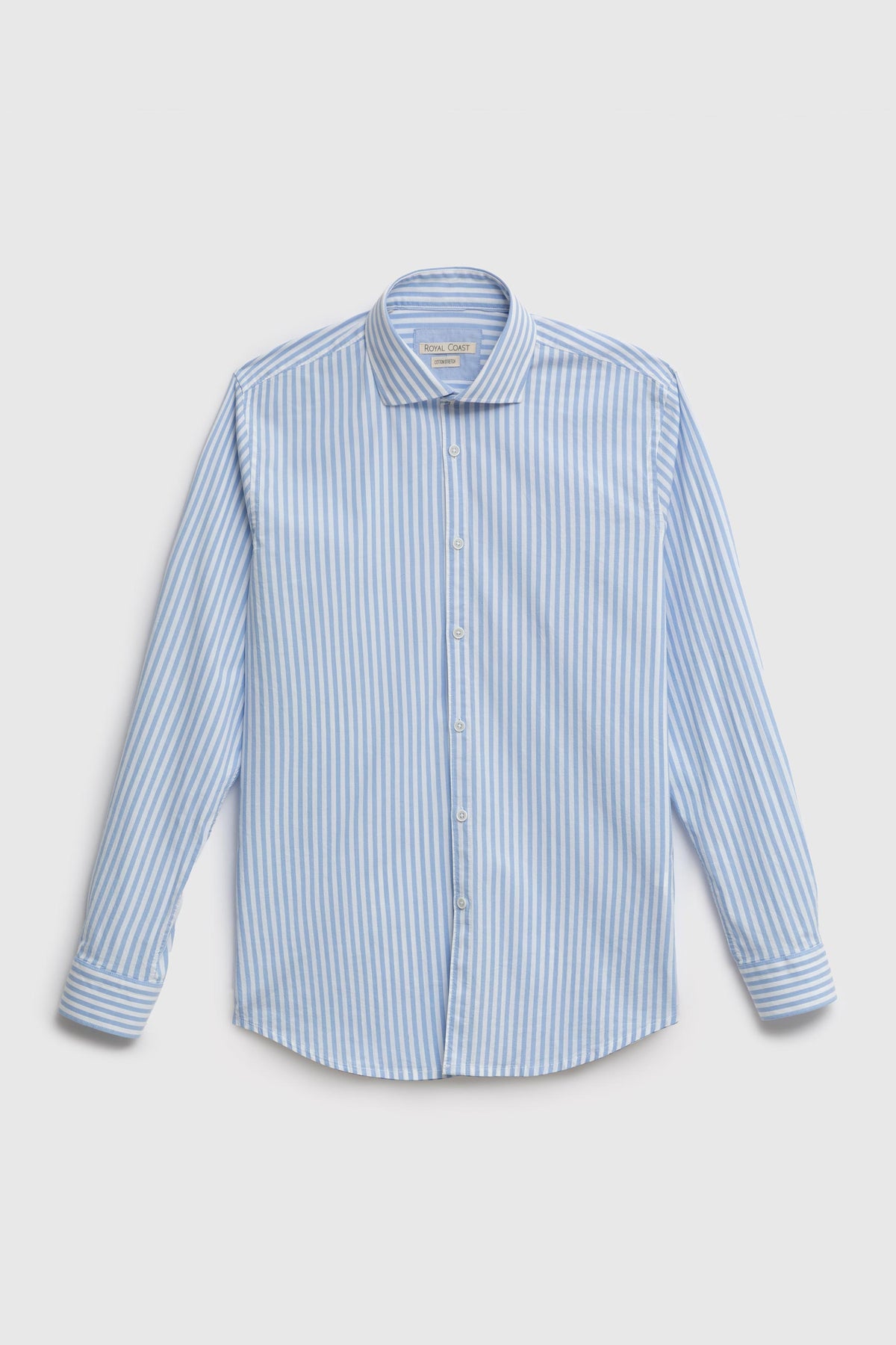 Camicia in fantasia di popeline stretch riga media azzurra con collo piccolo classico