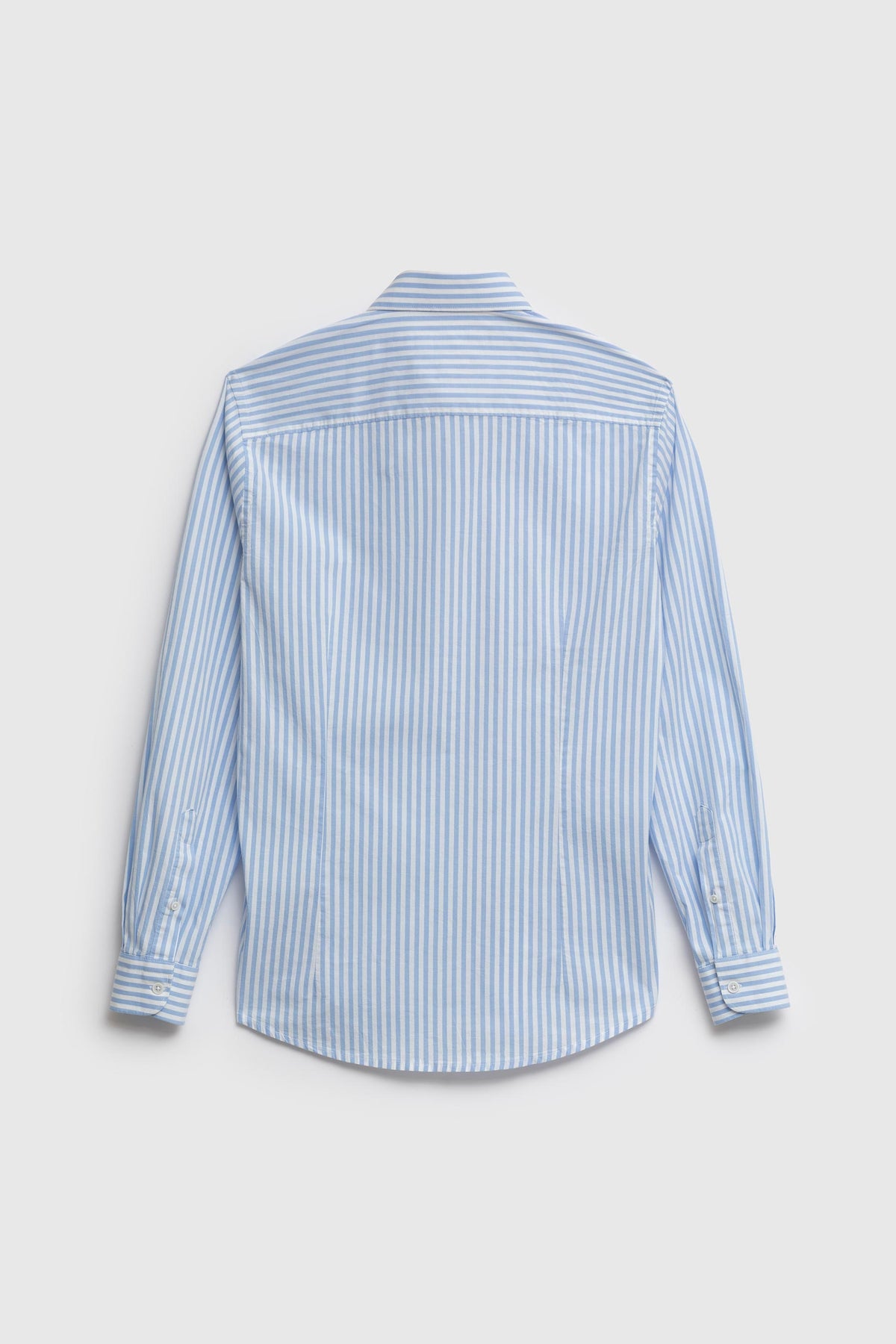 Camicia in fantasia di popeline stretch riga media azzurra con collo piccolo classico