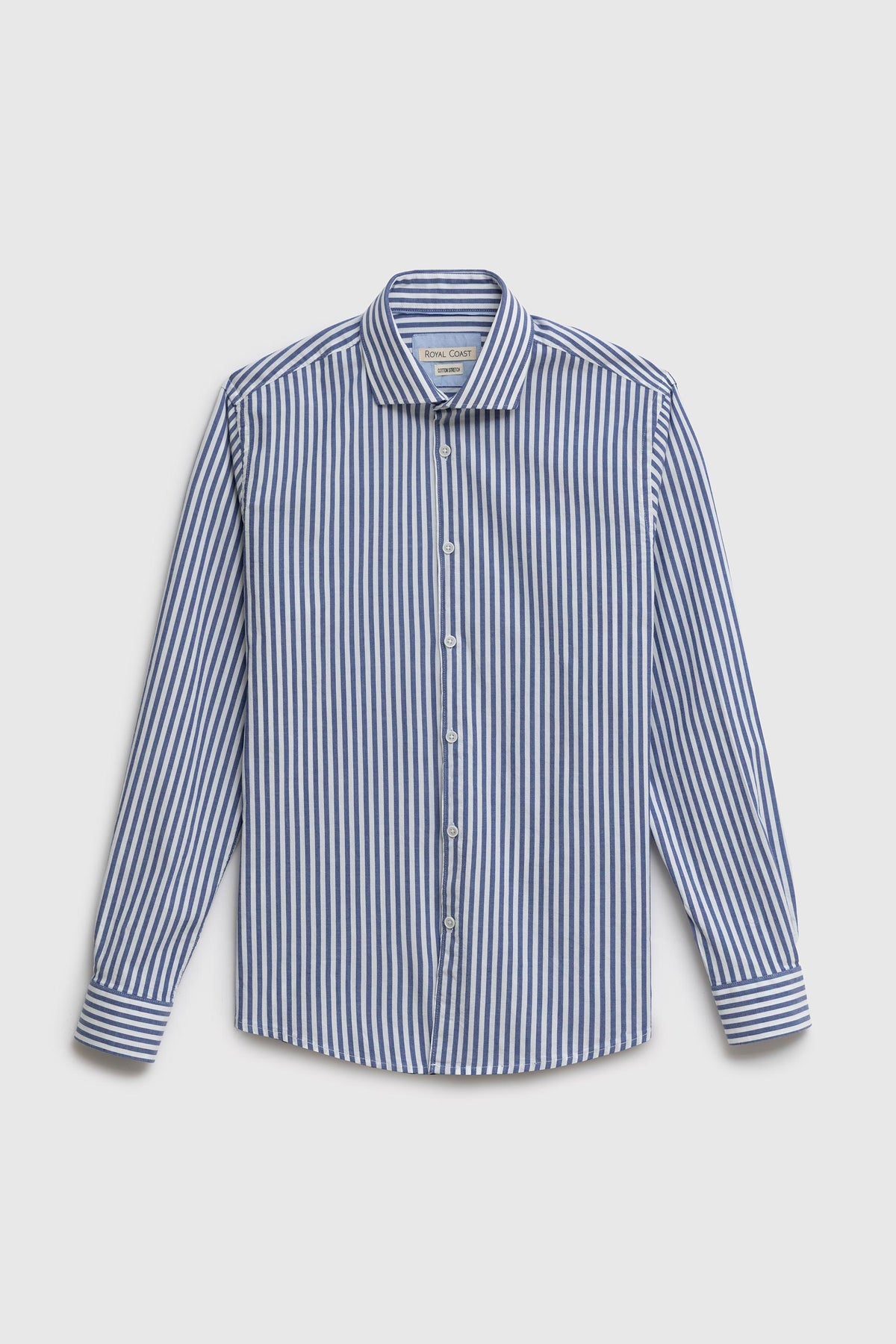 Camicia in fantasia di popeline stretch riga media blue con collo piccolo classico